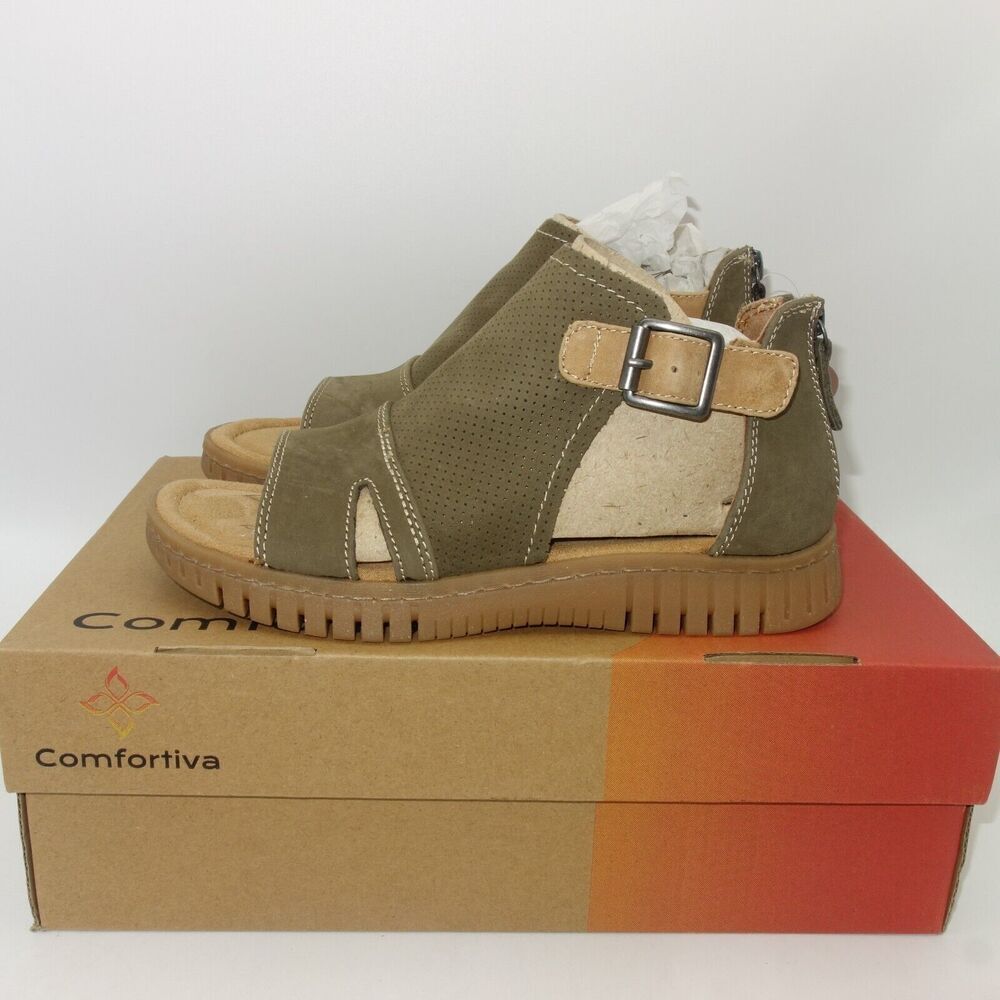 NEW COMFORTIVA Cerstin Leather Sandal Shoes Olive Green Women's Size 6 Wide - Picture 2 of 9